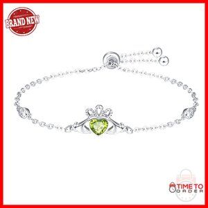 Sterling Silver Claddagh Bracelet with May Birthstone, 7+2 Inch Chain